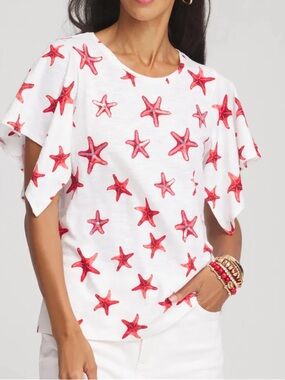 Chico’s Sequined Starfish handkerchief sleeves slub tee size M EUC red white
